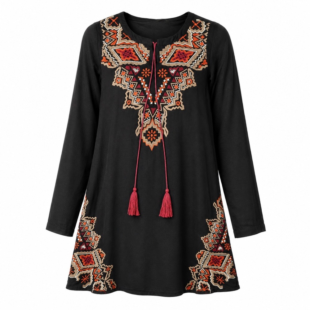 THML Embroidered Tunic Top XS Black Boho Tassel Rayon LS Festival Folk Boutique